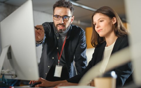 Colleague pointing at screen
