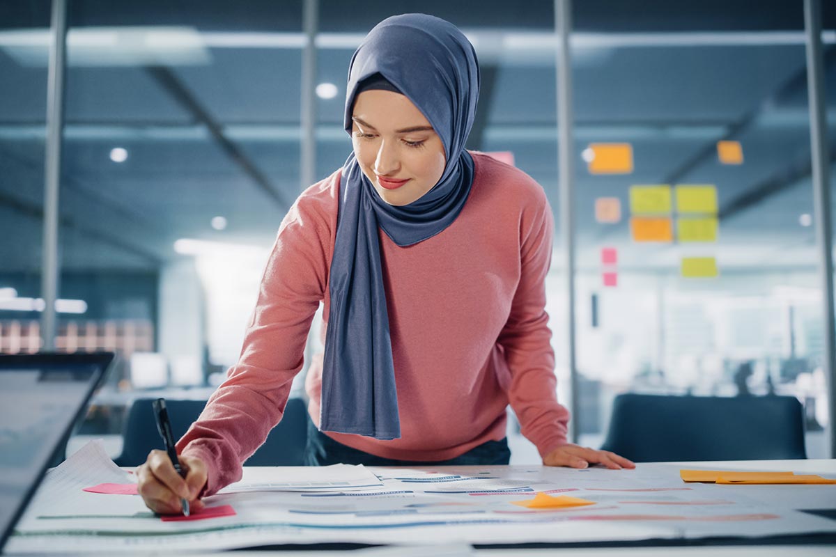 modern office motivated muslim businesswoman